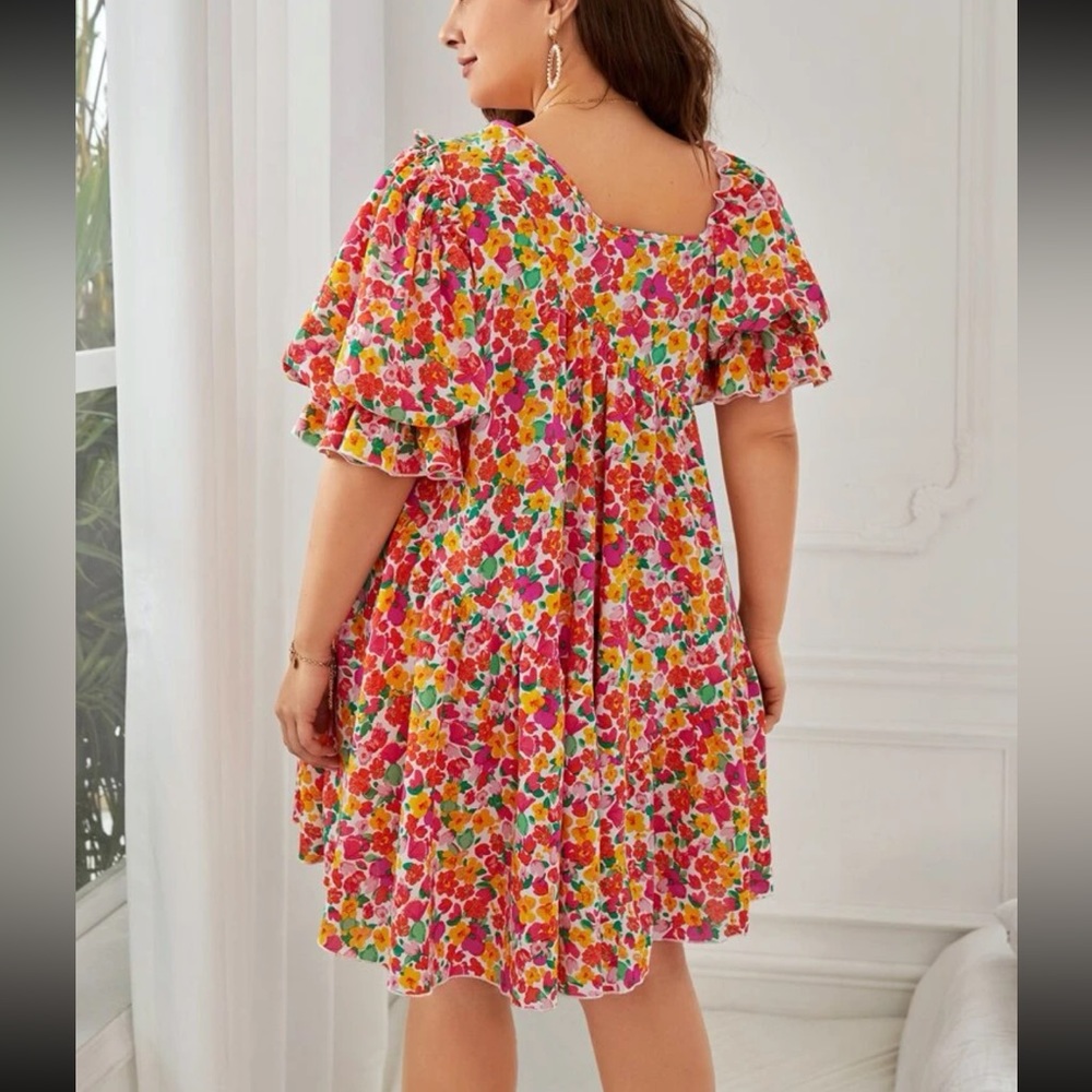 SHEIN Curve VCAY Plus Allover Floral Print Flounce Sleeve Dress 2X